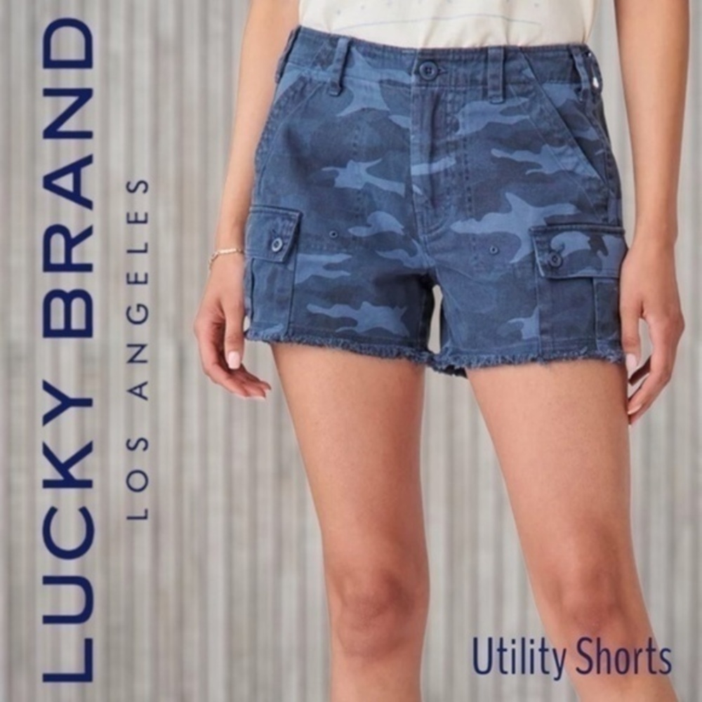LUCKY BRAND Cotton Raw-Hem Cargo-Utility Shorts NWT/Blue Camo/Sz. 32
